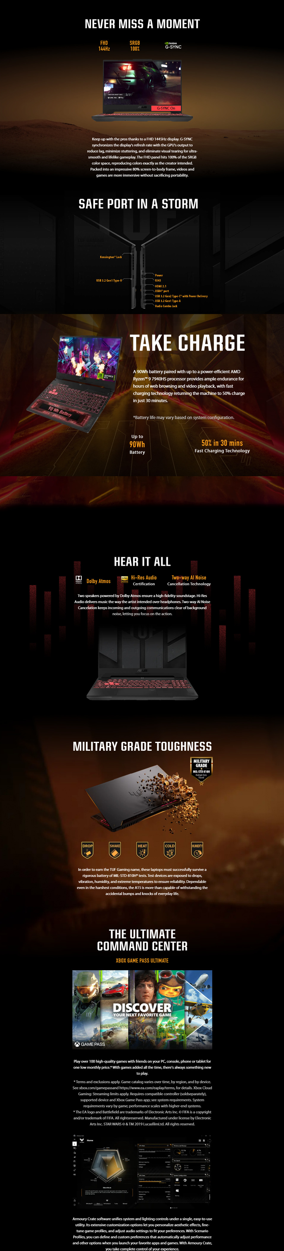 A large marketing image providing additional information about the product ASUS TUF Gaming A15 (FA507) - 15.6" Ryzen 5, RTX 4060, 16GB/1TB - Win 11 Notebook - Additional alt info not provided